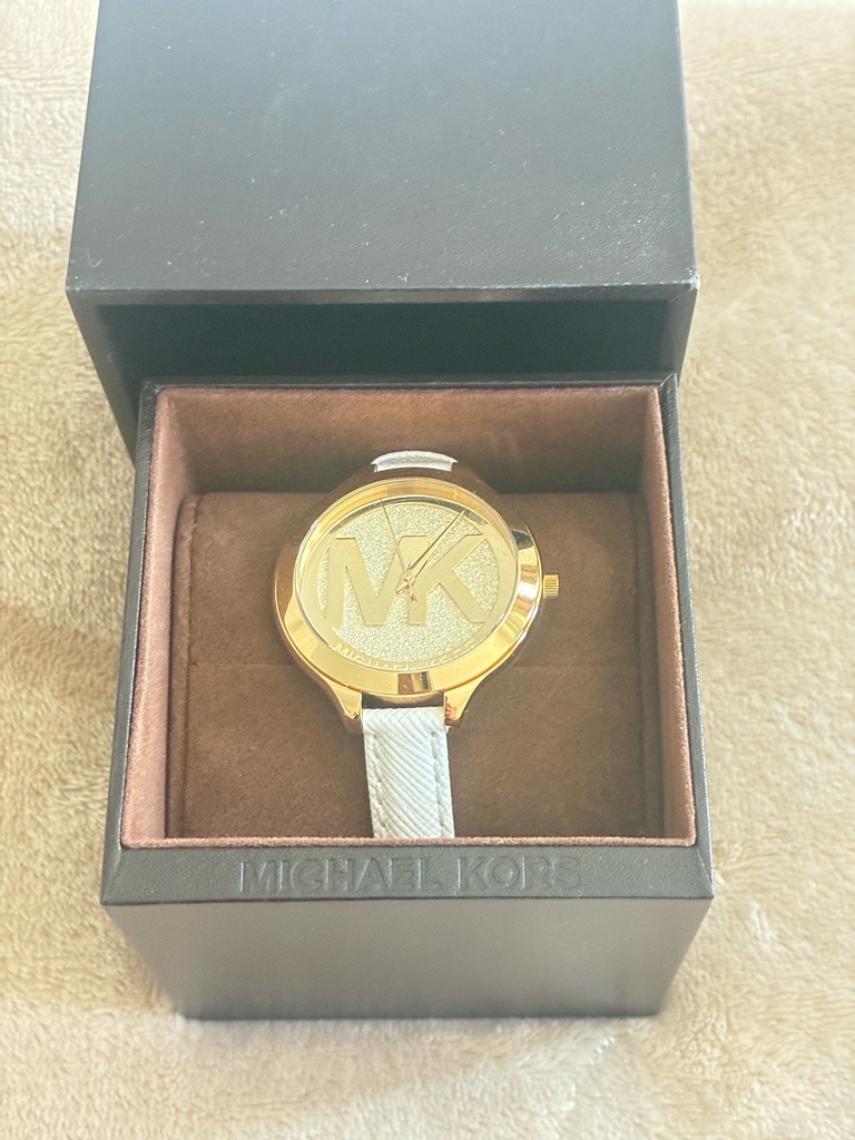 Michael Kors White Leather Strap Watch With Gold Buckle